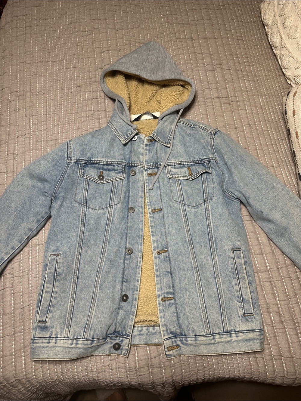 Light Blue Denim Hooded Sherpa-Lined Jacket